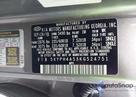 2019 Kia Sorento 3.3L Ex z USA, uszkodzony, nr VIN 5XYPH4A53KG524751